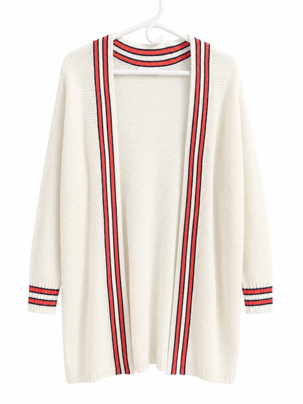 Vernacular Open-Front Cardigan with coral and navy blue Stripe Detail size small